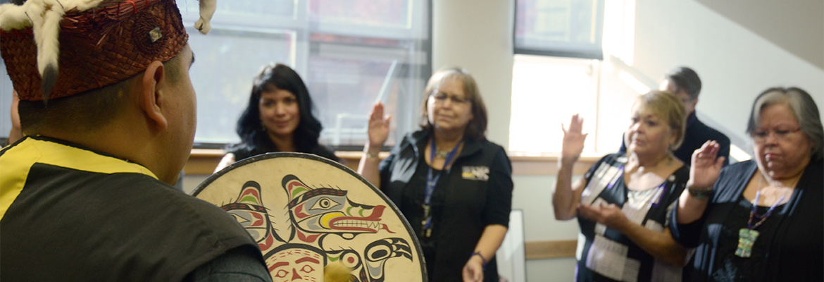 Students and staff celebrate the opening of the Indigenous Student Lounge in the Comox Valley