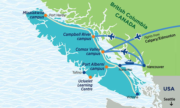 Map of Vancouver Island, BC showing location of NIC's campuses at Port Hardy, Campbell River, Comox Valley, Port Alberni and Ucluelet.