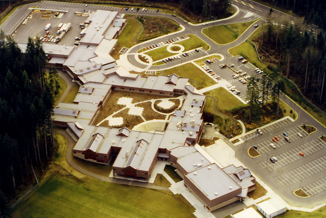 Aerial photograph of the NIC Campbell River Campus soon after it was constructed.