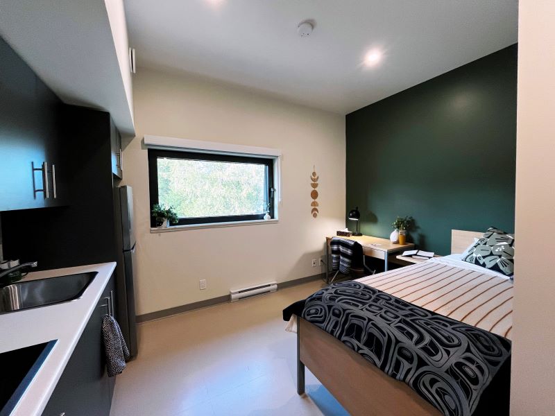 Studio suite at the NIC Comox Valley student housing commons