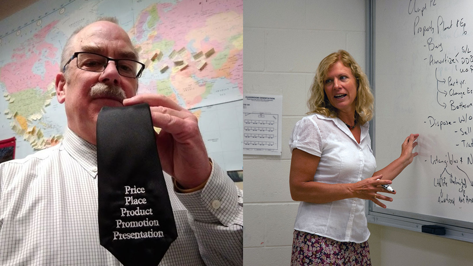 A former faculty member shows his tie. Another former faculty member teaches a class.