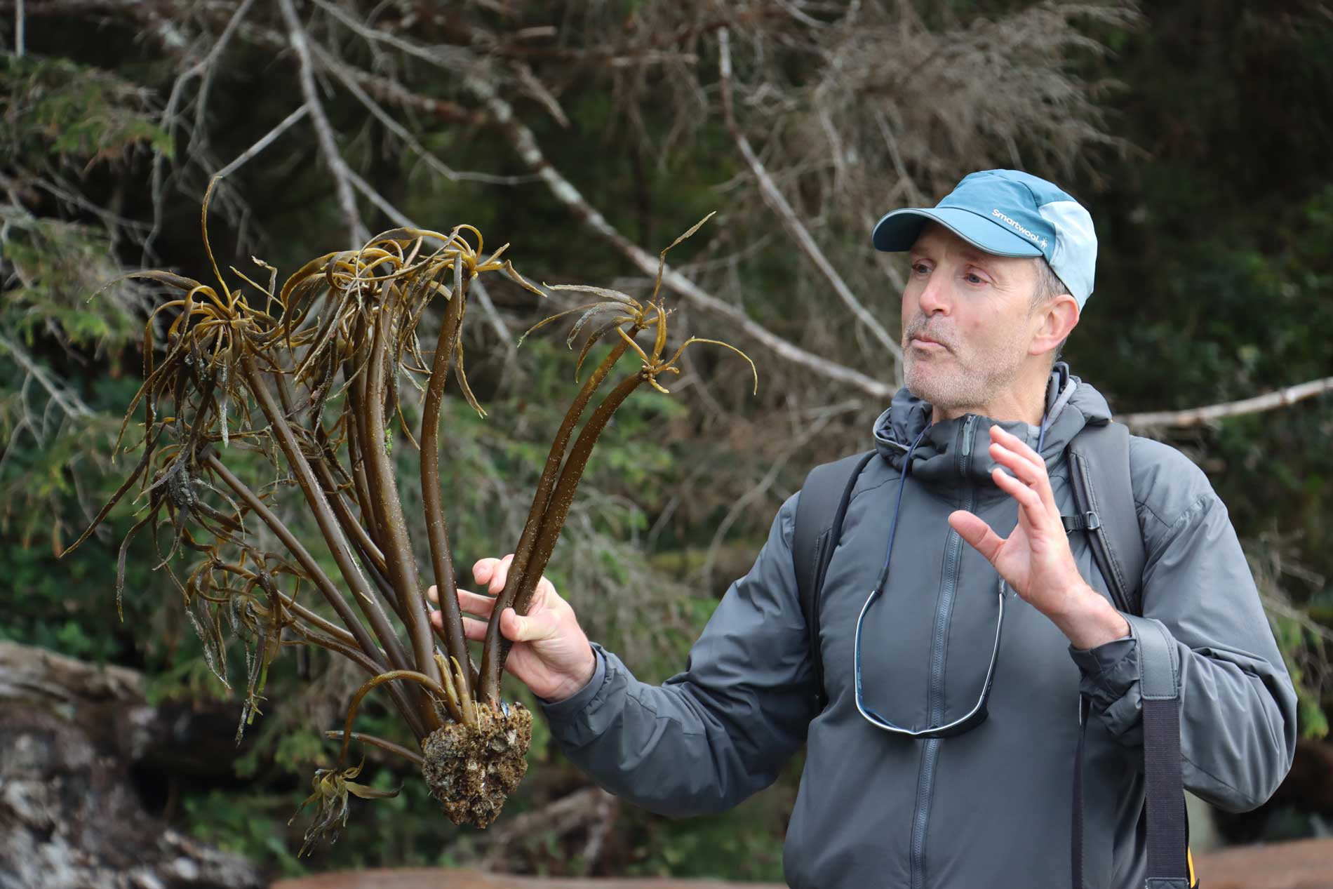 A person holds up kelp in Bamfield