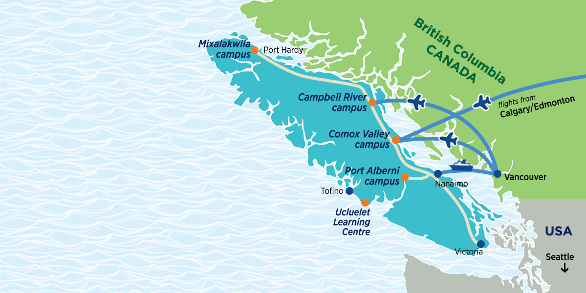 Map of Vancouver Island, BC showing location of NIC's campuses at Port Hardy, Campbell River, Comox Valley, Port Alberni and Ucluelet.