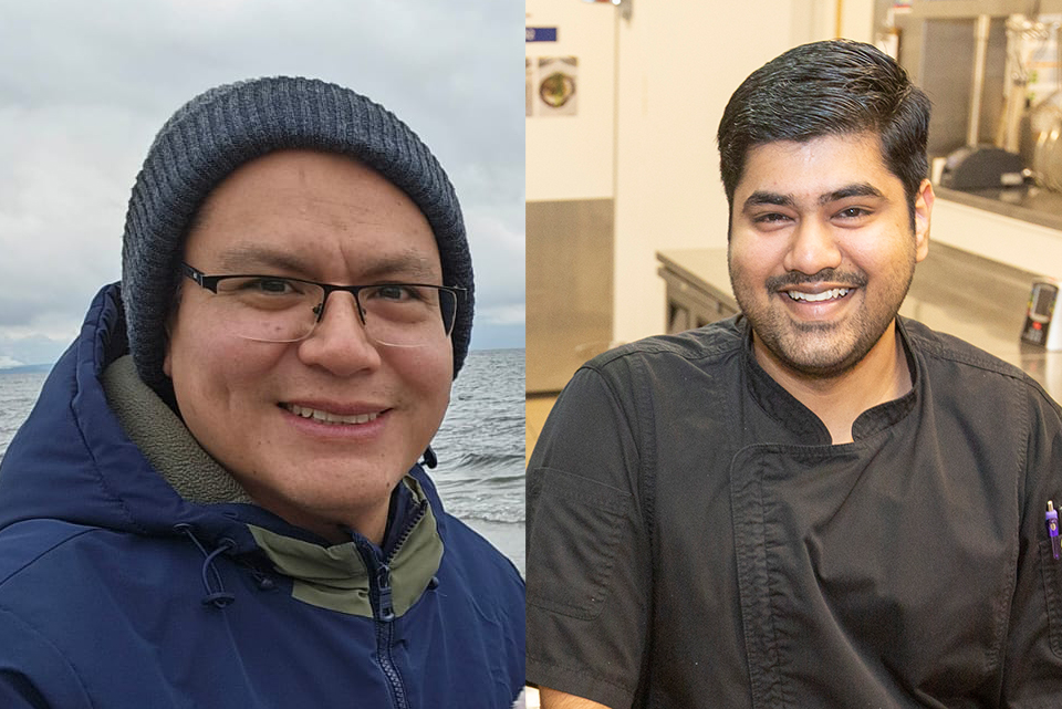 Split screen image of two students, Kartik Goel and Eduardo Mendez 